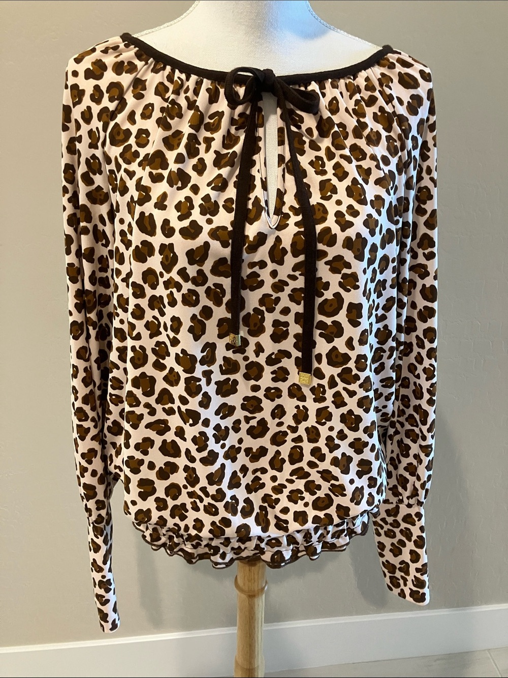 Tory Burch Cream and Brown Leopard-Print Peasant Top